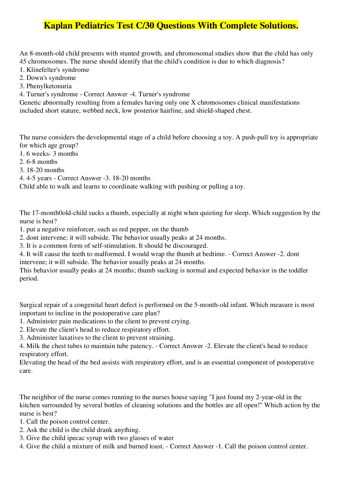 Preview image for Kaplan Pediatrics Test C/30 Questions With Complete Solutions.